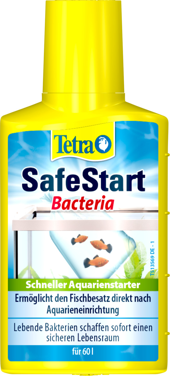 Bildbeschreibung: Gelbe Flasche des Produkts „Tetra SafeStart Bacteria“ für Aquarien. Die Marke Tetra ist oben sichtbar. Das Produkt ist ein schneller Aquarienstarter, der lebende Bakterien enthält, um einen sicheren Lebensraum für Fische zu schaffen. Gee