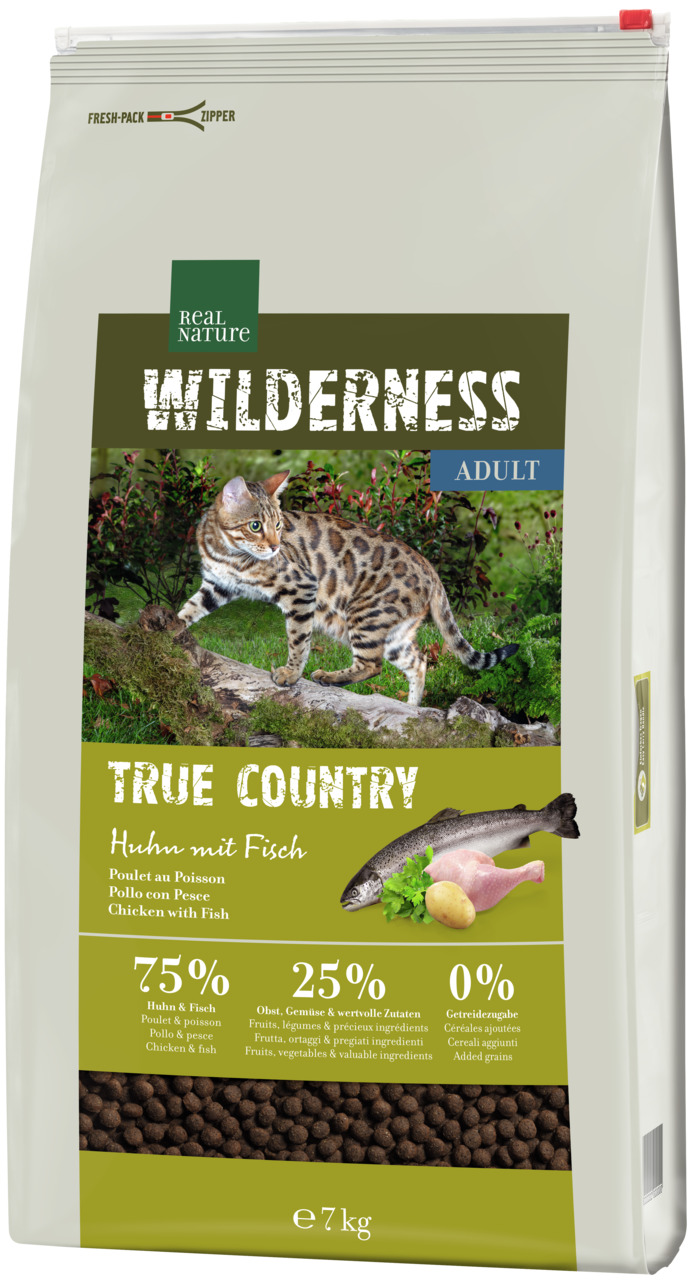 REAL NATURE WILDERNESS True Country Adult, 7 kg, Huhn & Fisch, für ausgewachsene Katzen, 75 % Huhn-Fisch, 0 % Getreide.