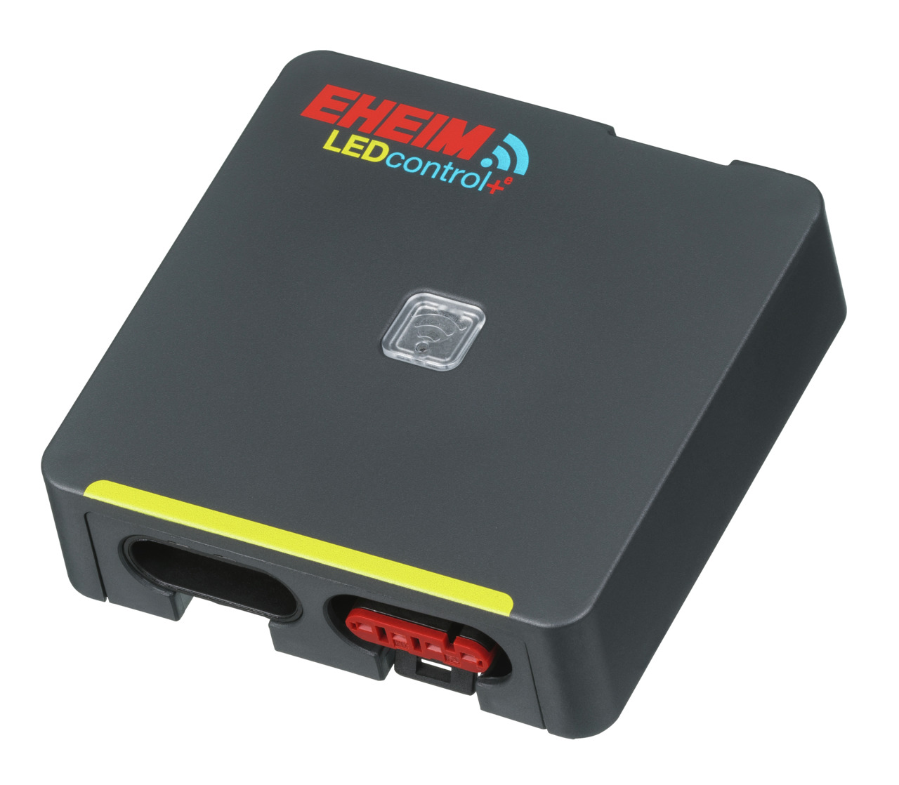 Das Bild zeigt den EHEIM LEDcontrol+, einen intelligenten LED-Controller für Aquarienbeleuchtung. Das kompakte, schwarze Gerät mit roten und gelben Akzenten ermöglicht die präzise Steuerung von Lichtintensität und -zyklen. Es richtet sich an Aquarienbesit