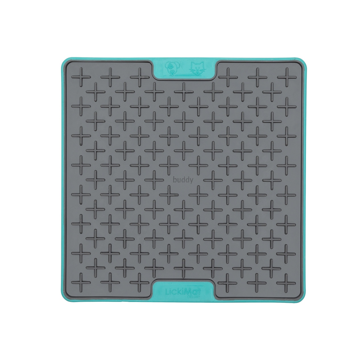 LickiMat Buddy Deluxe, grau/türkis, für Hunde & Katzen, fördert Schlecken & Stressabbau, ideal für Nassfutter, ca. 20x20 cm.