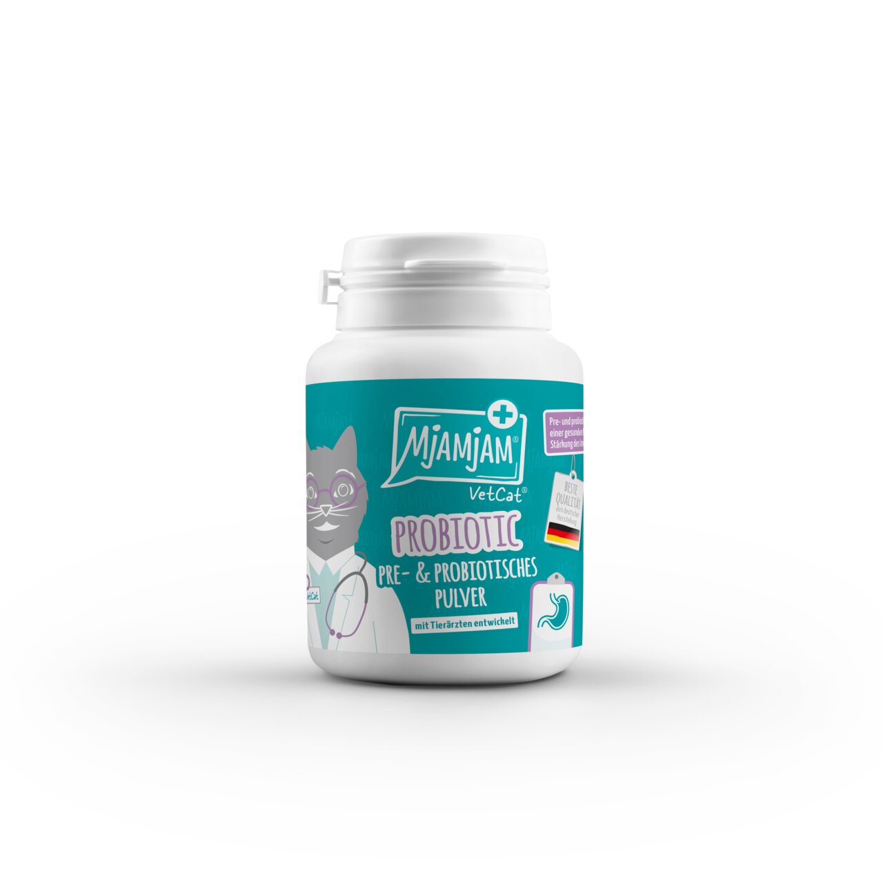 Das Bild zeigt eine weiße Dose des Produkts „Mjamjam VetCat Probiotic Pre- & Probiotisches Pulver“. Es handelt sich um ein Nahrungsergänzungsmittel für Katzen, entwickelt mit Tierärzten. Die Verpackung hebt die Unterstützung der Darmgesundheit hervor. Auf