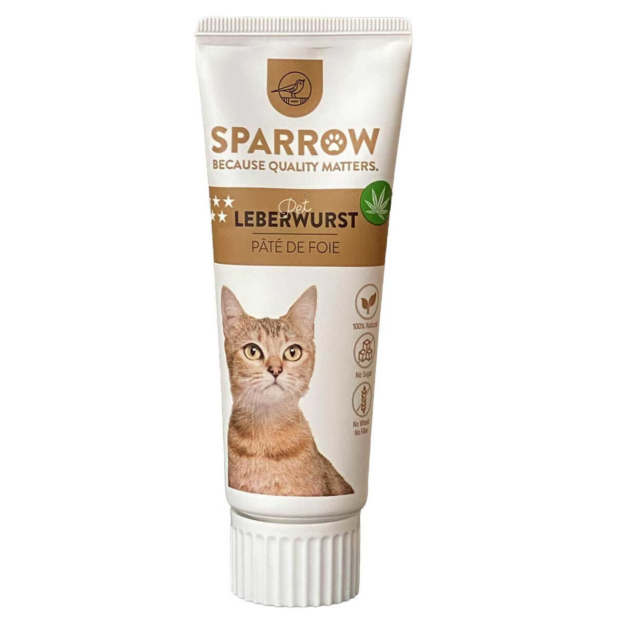 SPARROW Pet Leberwurst für Katzen, 100 % natürlich, ohne Zucker/Getreide/Zusatzstoffe, 75 g, hohe Qualität, Bild einer Katze.