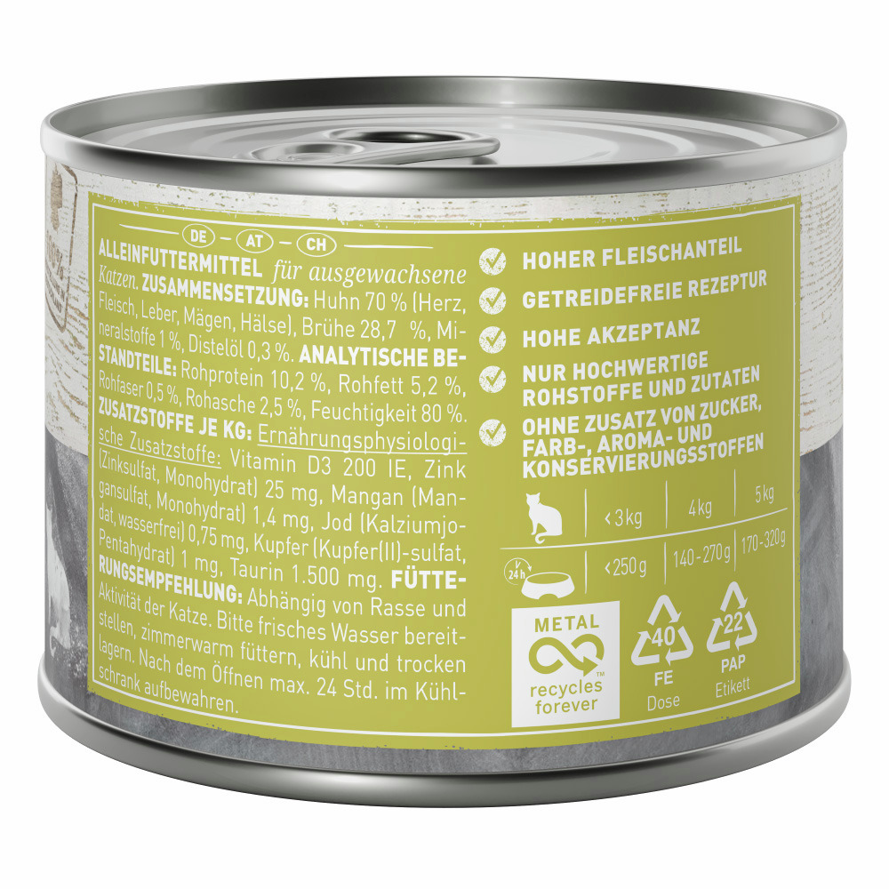 Wildes Land Katzenfutter Huhn, 200 g, getreidefrei, 70 % Huhn (Herz, Fleisch, Leber, Magen, Hälse), für ausgewachsene Katzen.