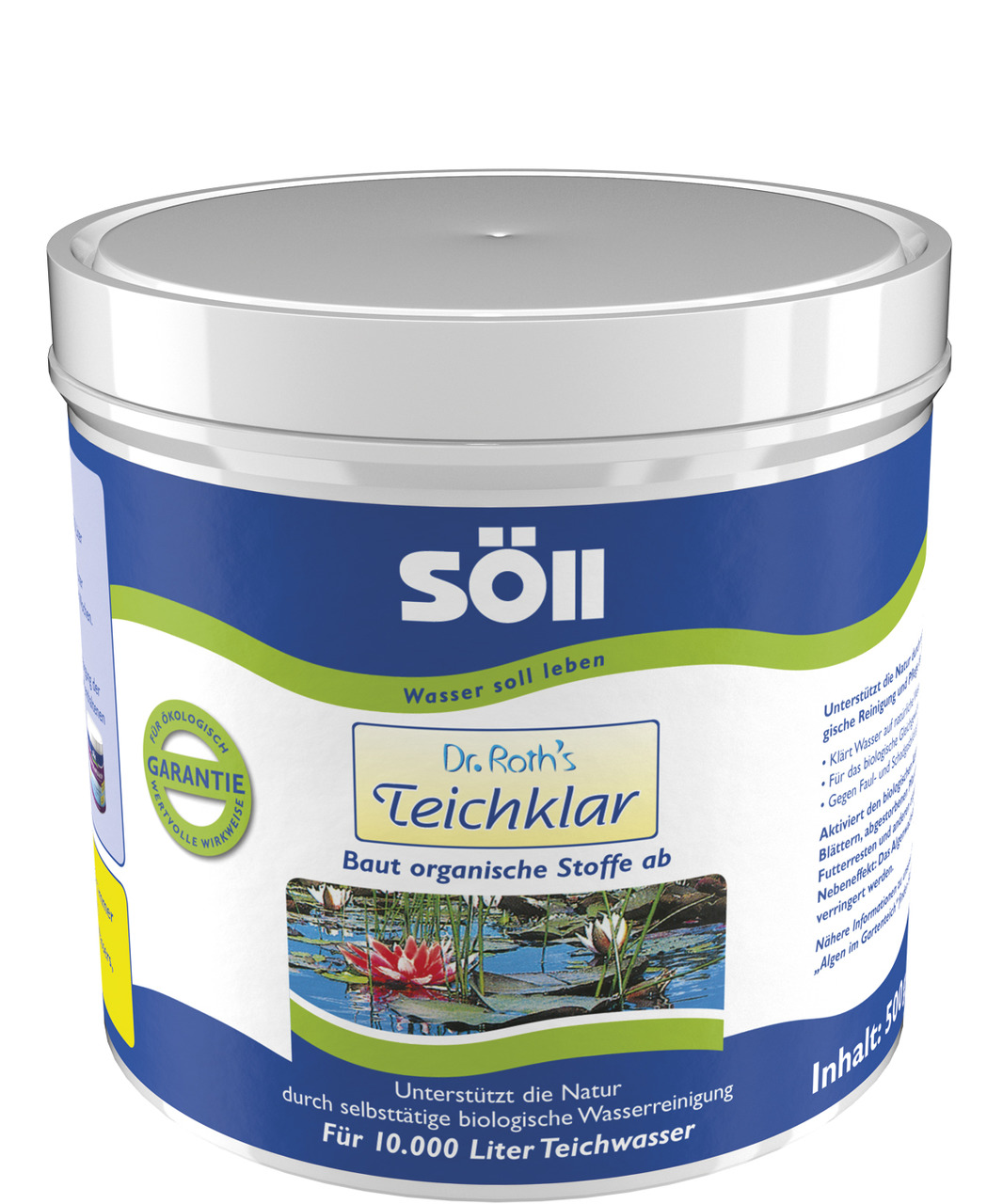 Söll Dr. Roth's Teichklar, für Teichwasser-Reinigung, 500 g, reicht für 10.000 L, baut organische Stoffe ab, Slogan: „Wasser soll leben“.