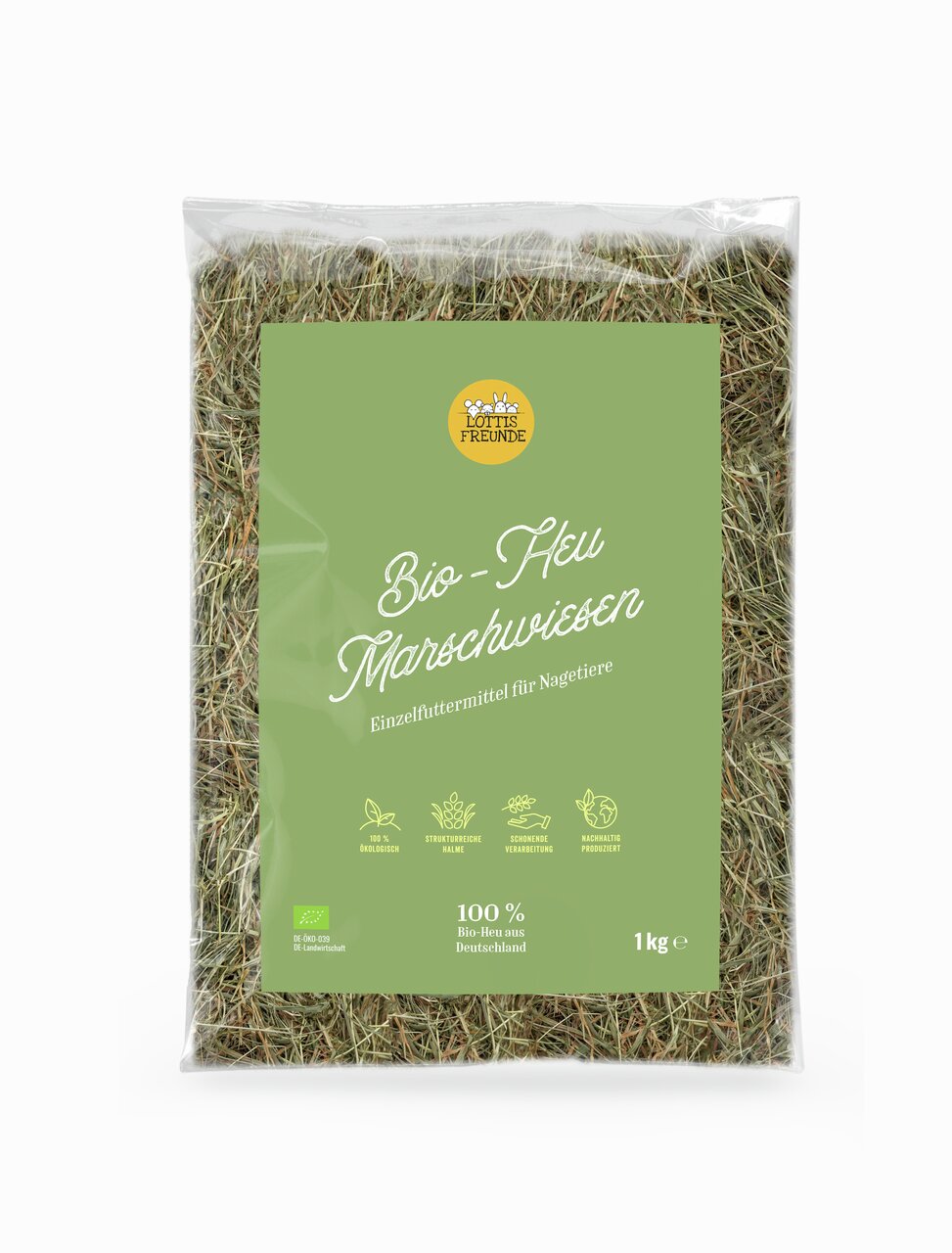 Bio-Heu von LOTTIS FREUNDE für Nager, aus Marschwiesen. 100 % Bio, nachhaltig, strukturreiche Halme, 1 kg Packung.