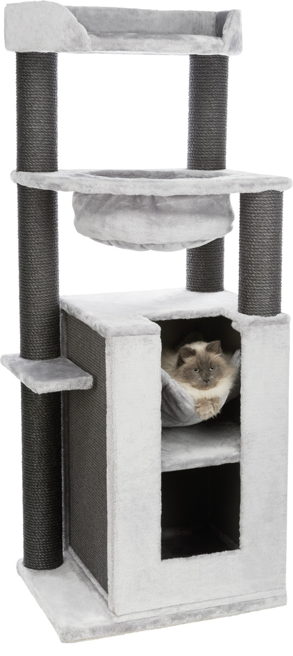 Kratzbaum von TRIXIE für Katzen, Modell 4011905446738, in hellgrauer Farbe. Geeignet für Katzen aller Größen. Enthält mehrere Ebenen, eine Höhle, eine Hängematte und Sisalstämme zum Kratzen. Perfekt für Spiel, Ruhe und Krallenpflege. Ideal für den Innenbe