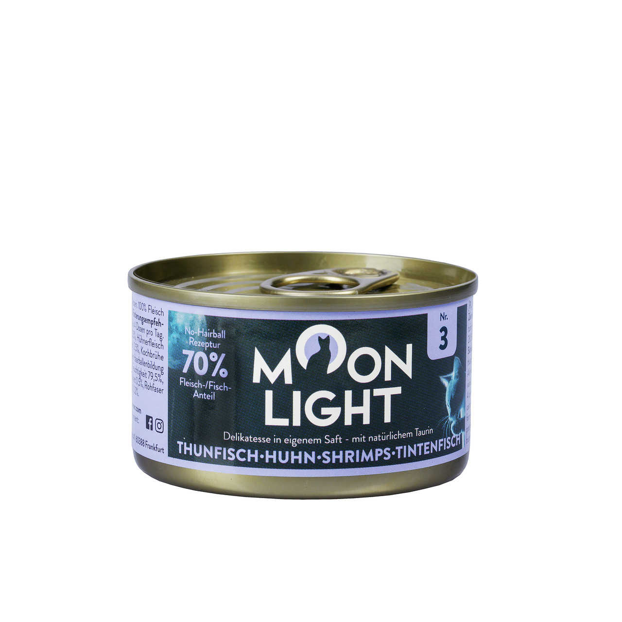 Moonlight Dinner Katzenfutter, Thunfisch-Huhn-Shrimps-Tintenfisch, 70 % Fleisch-Fisch, Delikatesse m. Taurin, 85 g.
