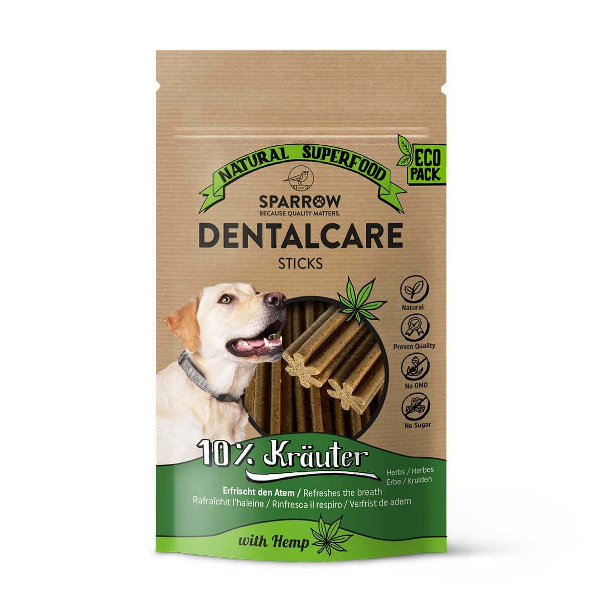 SPARROW Dentalcare Sticks für Hunde, 10 % Kräuter & Hanf, natürlich, gentechnik- & zuckerfrei, erfrischt Atem, Eco Pack.