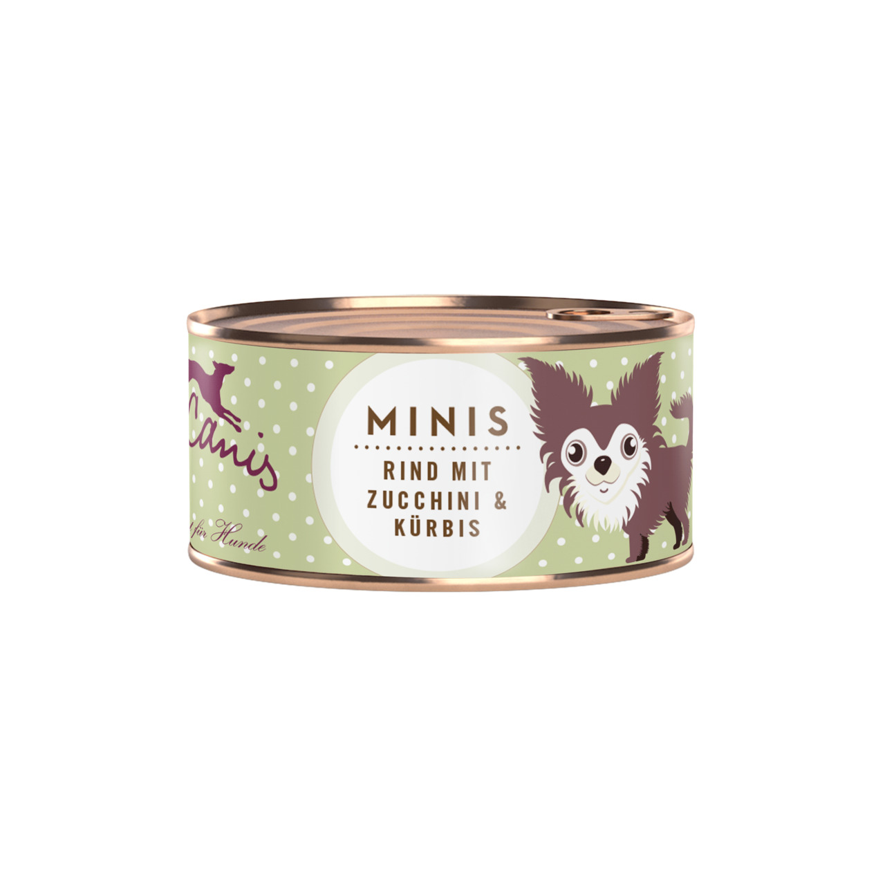 Terra Canis Minis Hundefutter, Rind mit Zucchini & Kürbis, für kleine Hunde, 125g, hellgrüne Dose mit Hund-Illustration.