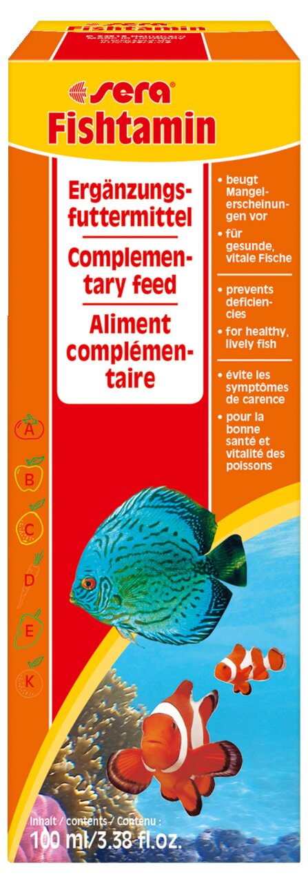 Sera Fishtamin, Ergänzungsfutter f. Zierfische, flüssiges Vitaminpräparat, 100 ml, fördert Gesundheit & Vitalität, beugt Mängeln vor.