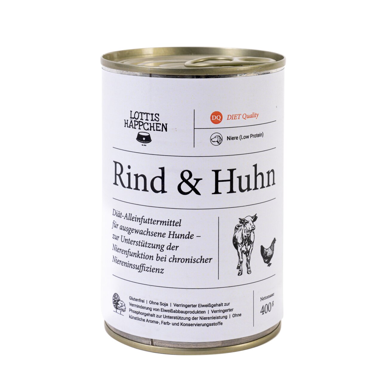 Lottis Häppchen Rind & Huhn, 400 g, Diätfutter f. ausgew. Hunde, unterstützt Nieren, glutenfrei, reduziertes Eiweiß & Phosphor.