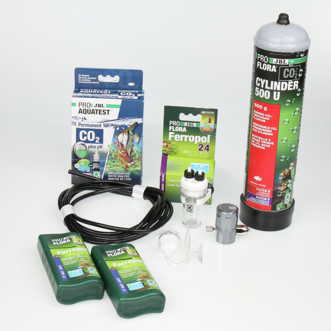 JBL CO2-Komplettset für Aquarienpflanzen, inkl. 500 g CO2-Flasche, Dauertest, Ferropol 24, Druckminderer, Schläuche & Zubehör.