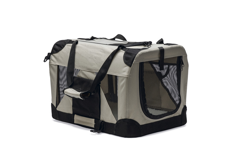 Karlie Transportbox für Hunde & Katzen, faltbar, Beige-Schwarz, Nylon mit Netzfenstern, ideal für Reisen-Tierarzt, Details auf Bild.