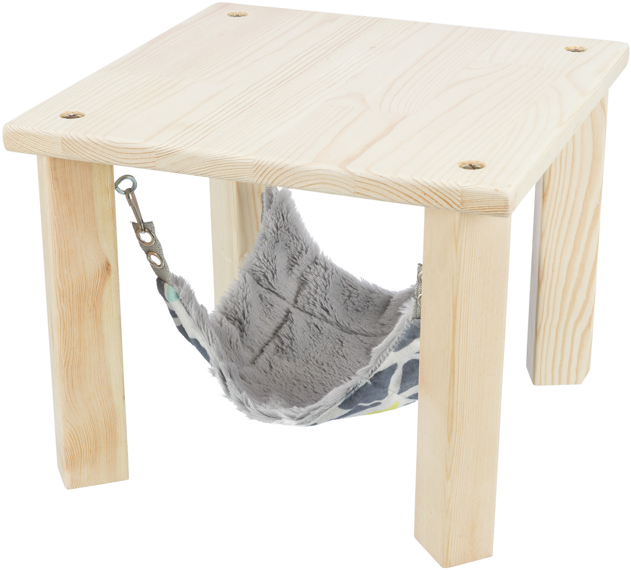 Das Bild zeigt das TRIXIE Kleintier-Hängemattengestell, geeignet für kleine Haustiere wie Hamster oder Mäuse. Das Gestell besteht aus hellem Holz und enthält eine weiche, graue Hängematte aus Plüsch. Es bietet einen gemütlichen Rückzugsort und fördert das