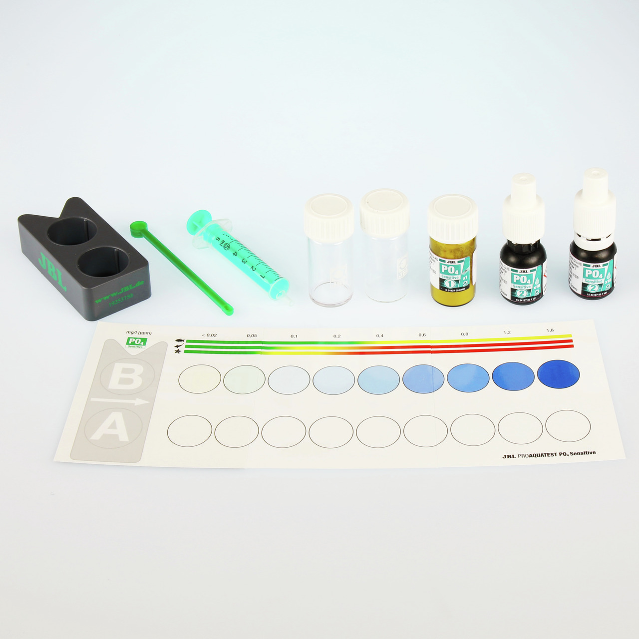 JBL Phosphat-Test-Set PO4 Sensitive, für Aquarienbesitzer, präzise PO4-Messung, inkl. Reagenzien, Gläser, Farbtabelle, Spritze, Halter.