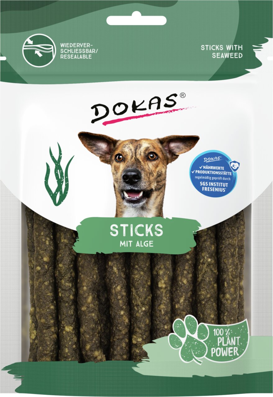 DOKAS Sticks mit Alge für Hunde, pflanzlich, wiederverschließbar, 100 % Plant Power, geprüft von SGS Institut Fresenius.