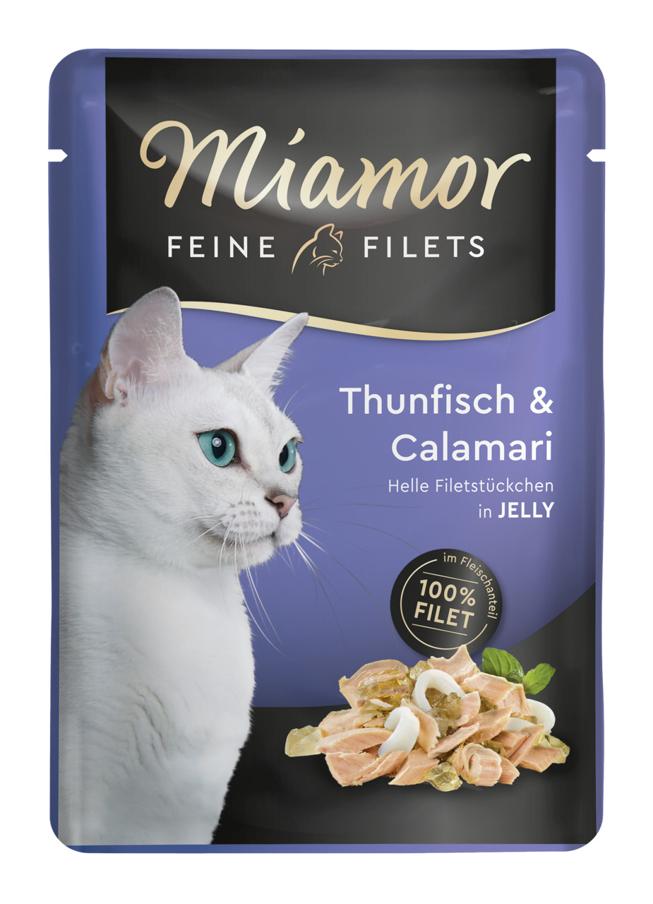 Miamor Feine Filets Katzenfutter, Thunfisch & Calamari, helle Filetstückchen in Jelly, 100 % Filetanteil, 100 g.