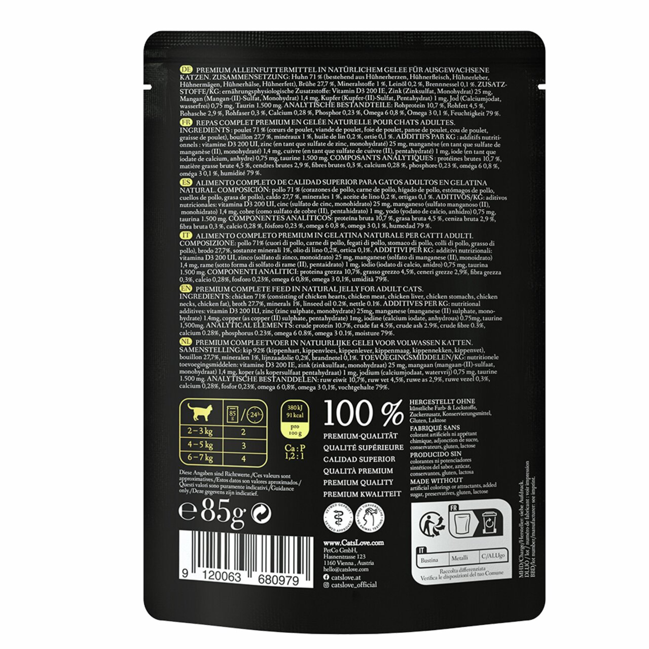Premium Katzenfutter Cat's Love Huhn in Gelee für ausgewachsene Katzen, 85 g, 100 % Natur, ohne Getreide, hochwertig und lecker.