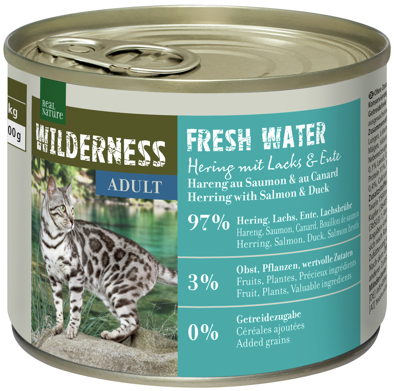 Real Nature Wilderness Katzenfutter Adult, Hering mit Lachs & Ente, 97 % tierische Zutaten, getreidefrei, 200 g.