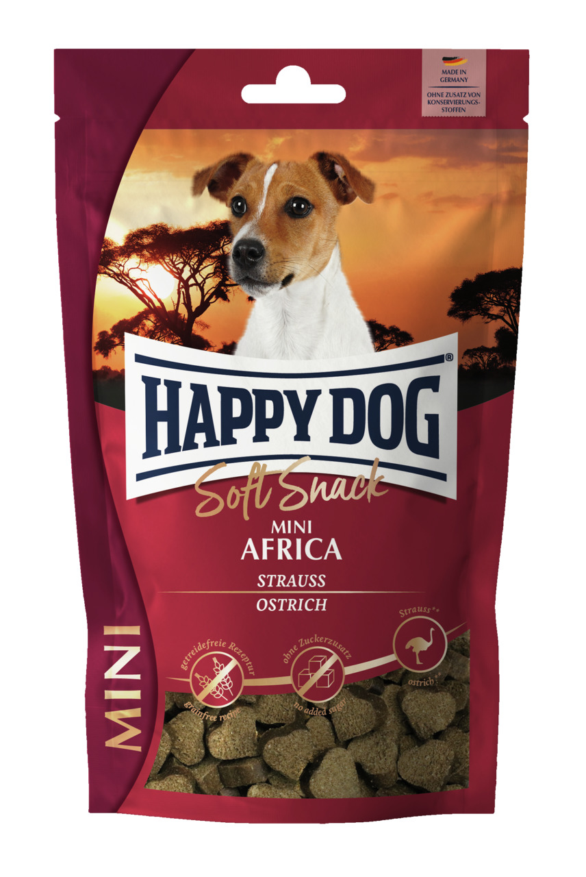 Happy Dog Soft Snack Mini Africa: Getreidefreie Hundesnacks mit Strauß für kleine Hunde, 100g, herzförmig, „Made in Germany“.