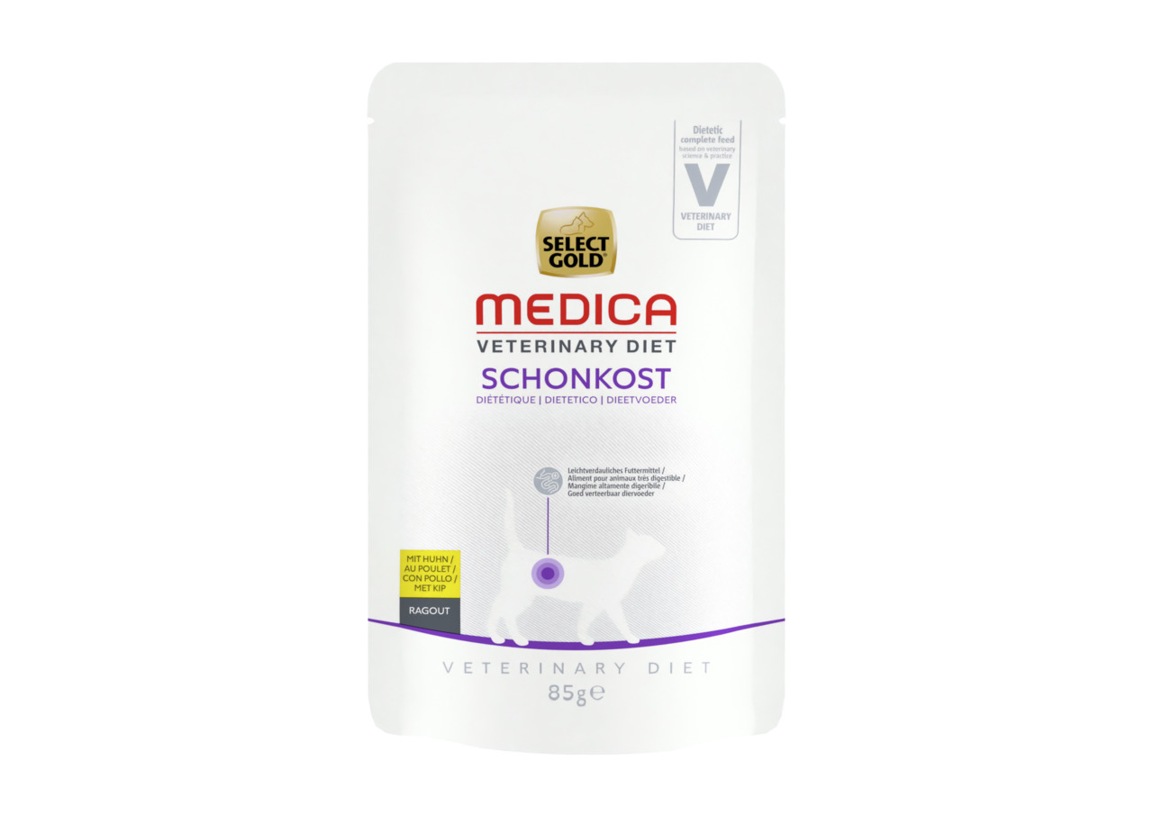 Select Gold Medica Vet. Diet Schonkost für Katzen, Huhn in Ragout, für empfindl. Verdauung, diätet. Alleinfutter, 85 g.