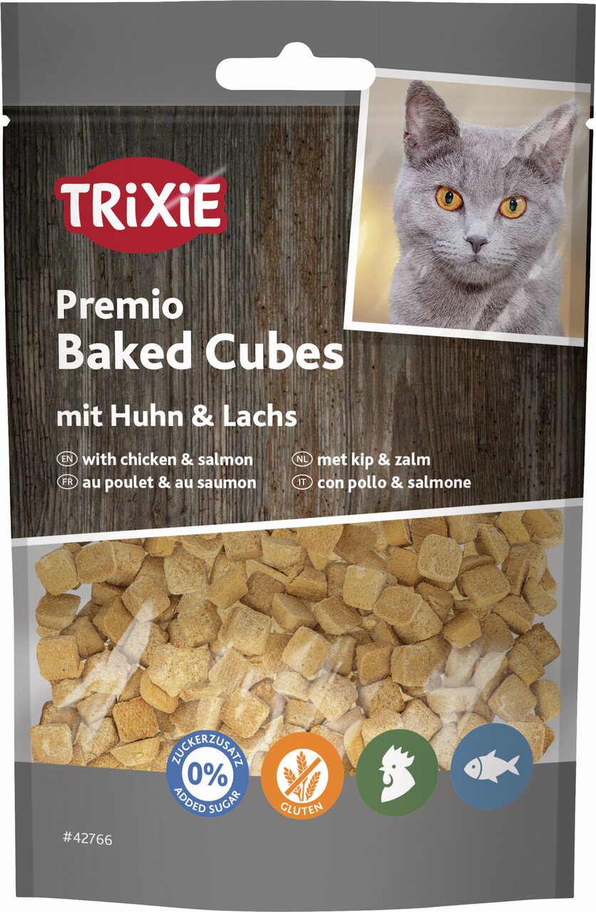 TRIXIE Premio Baked Cubes, Katzensnack mit Huhn & Lachs, ohne Zuckerzusatz & glutenfrei, Inhalt: 50 g.