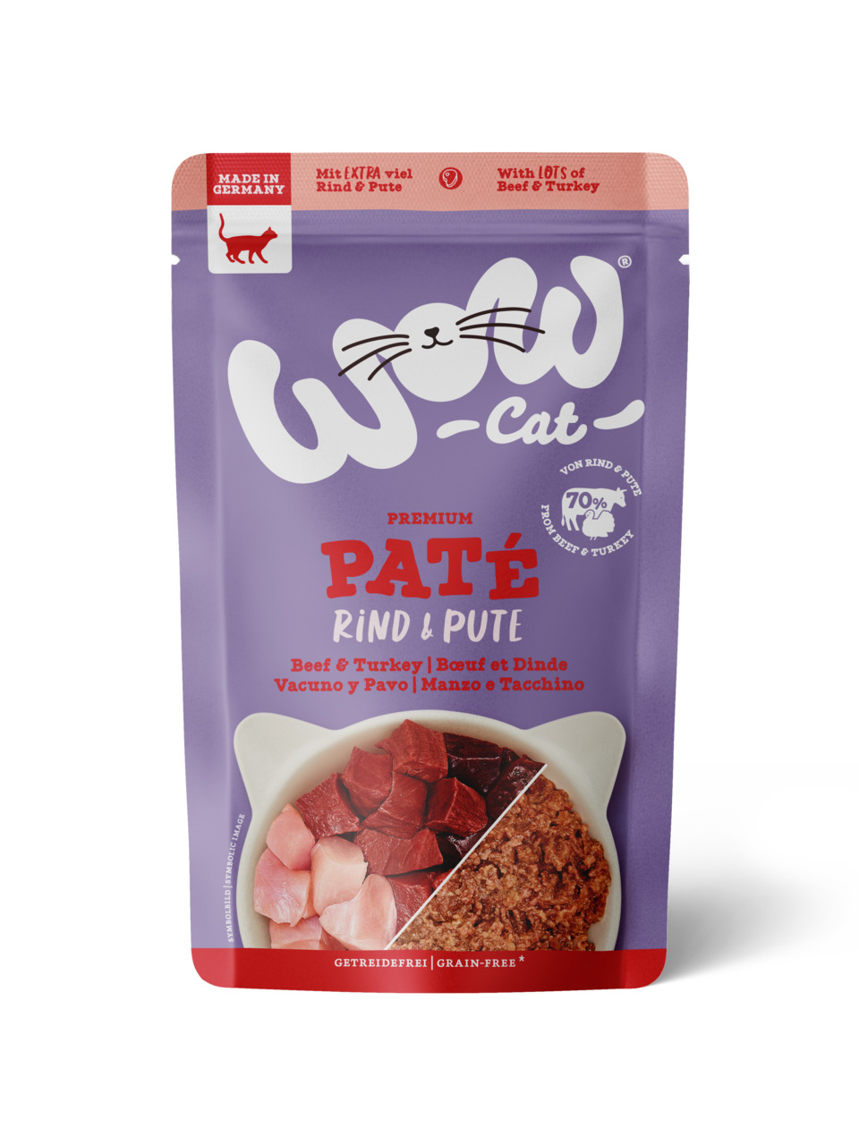 WOW CAT Premium Paté Rind & Pute, Katzen, getreidefreies Nassfutter, 70 % Fleisch, 85 g, hergestellt in Deutschland.