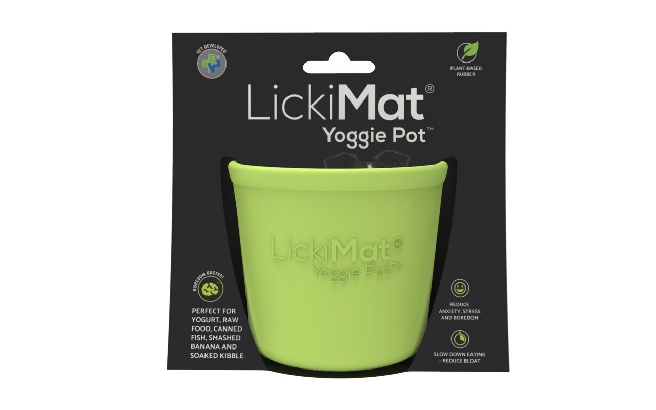 LickiMat Yoggies Pot, grün, pflanzl. Gummi, für Hunde, ideal f. Joghurt, rohes Futter, Banane, Stressreduktion, 125g.