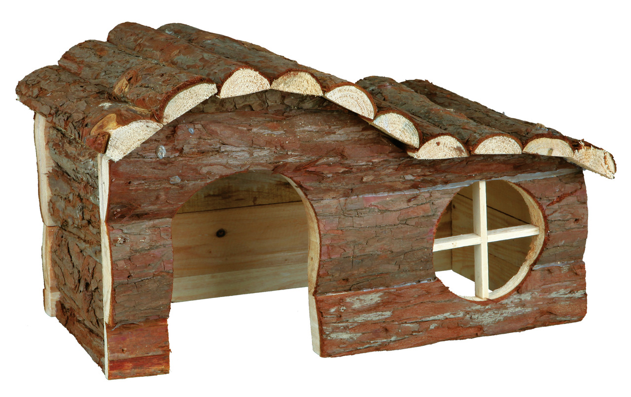 TRIXIE Naturholz-Haus, für Nager (Hamster-Meerschweinchen), unbehandeltes Holz, Rindenoptik, gewölbtes Dach, Eingang, Fenster.