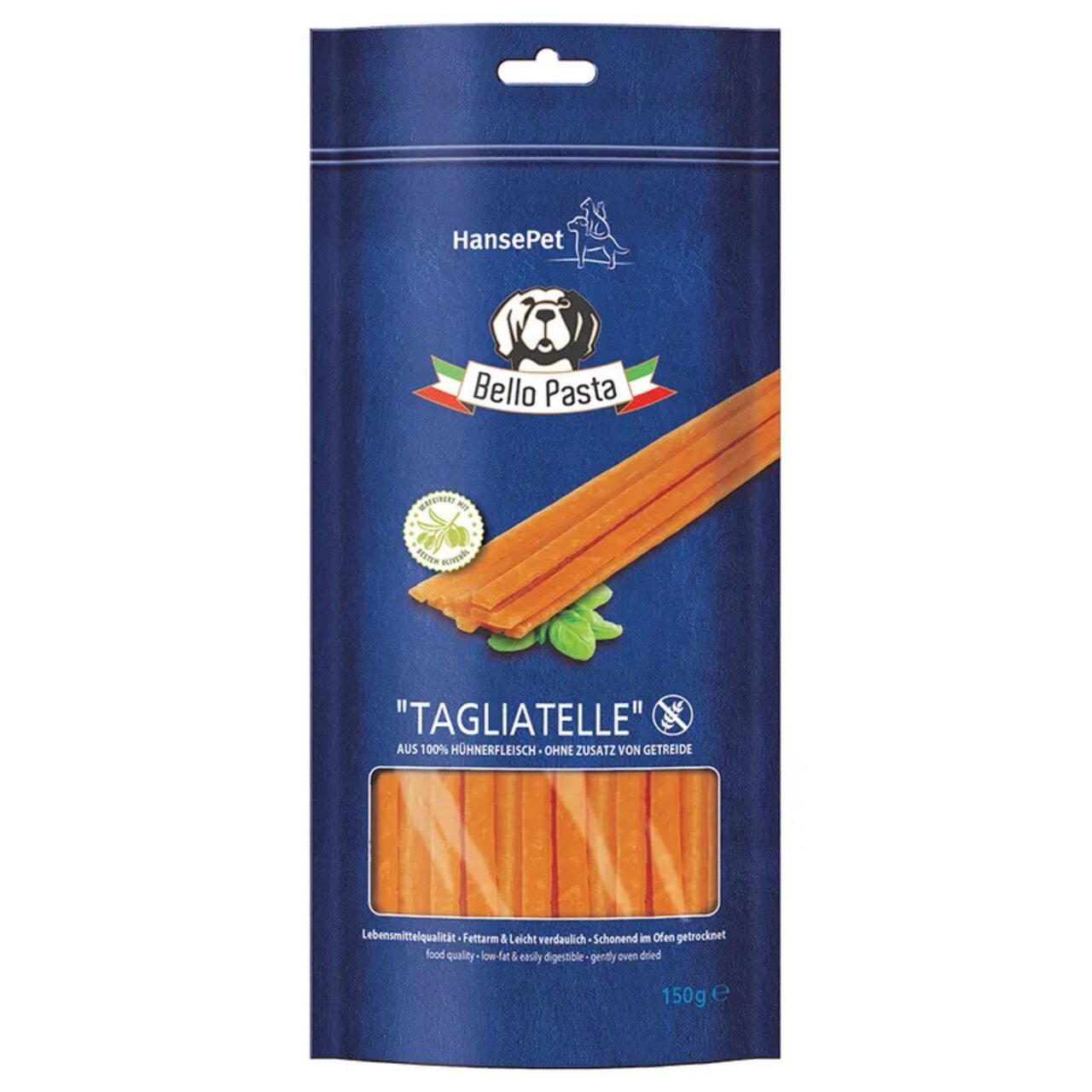HansePet Bello Pasta Tagliatelle für Hunde, Geschmack Huhn, 150 g, getreidefrei, fettarm, leicht verdaulich, schonend ofengetrocknet.