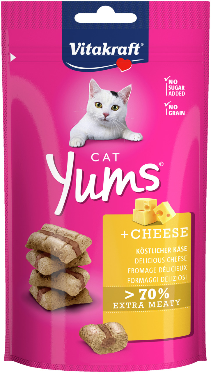 Das Bild zeigt eine pinkfarbene Verpackung der Marke Vitakraft mit der Produktbezeichnung "Cat Yums + Cheese". Es handelt sich um Katzensnacks mit köstlichem Käsegeschmack, die über 70 % Fleischanteil enthalten. Die Verpackung betont, dass das Produkt ohn