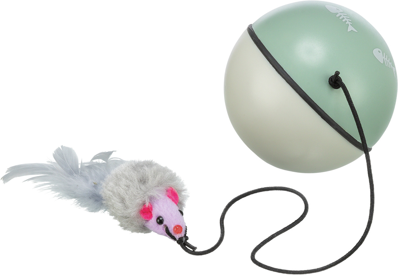 TRIXIE Spielball mit Maus für Katzen, grün-weißer Ball mit grauer Plüschmaus, pinken Ohren & Federschwanz, fördert Jagdinstinkt.