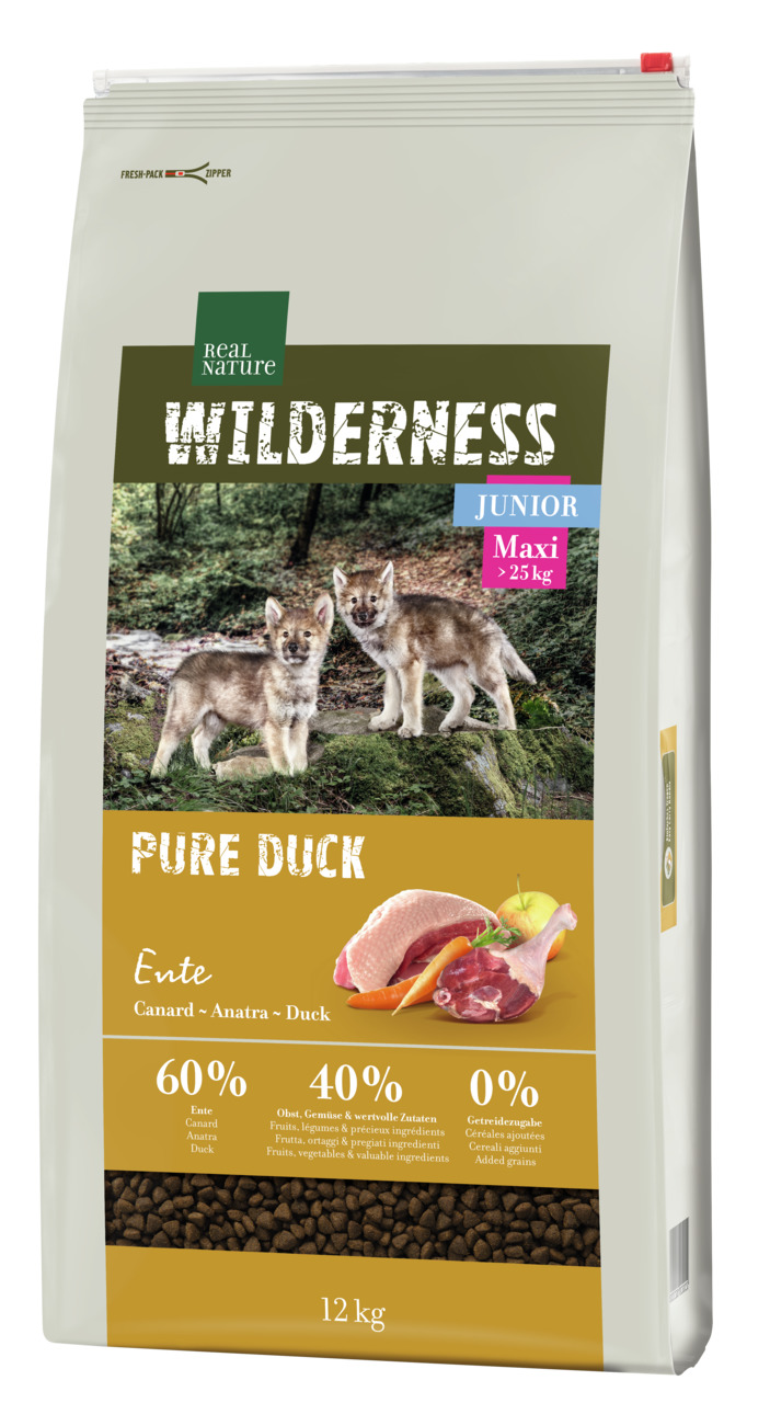 REAL NATURE WILDERNESS PURE DUCK, Junior Maxi (>25 kg), Ente, 60 % Entenfleisch, 40 % Obst/Gemüse, 0 % Getreide, 12 kg.