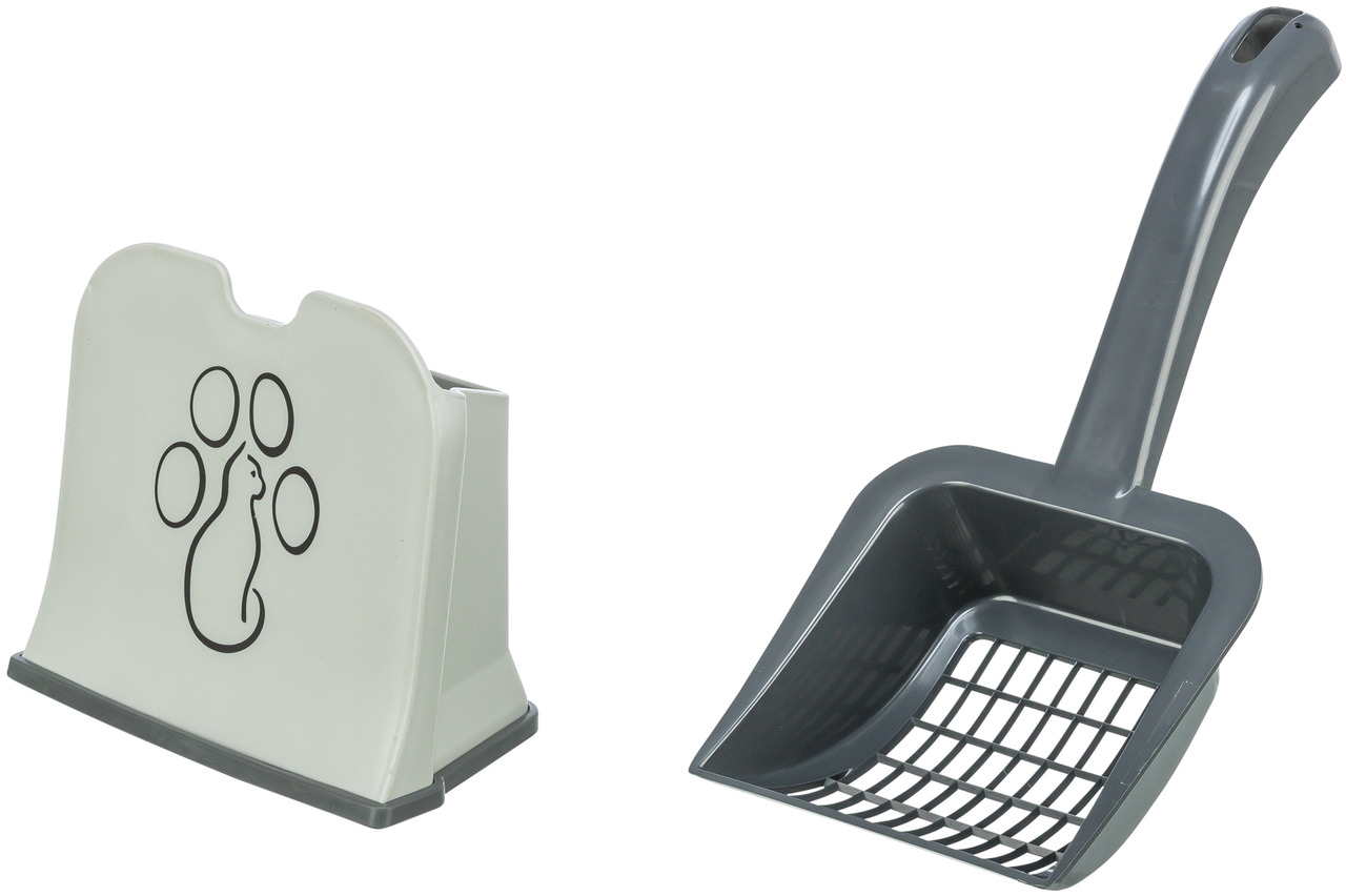 TRIXIE Katzenstreuschaufel m. Halter, für Katzenhalter, robust, ergonomisch, Katzenmotiv, ideal f. Katzentoilette.