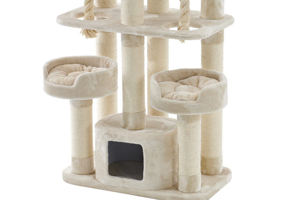 Nobby Kratzbaum „Tirana“ für Katzen, beige, mit Höhle, 2 Liegeflächen, Sisalstämmen, 60x40x120 cm – ideal zur Beschäftigung.