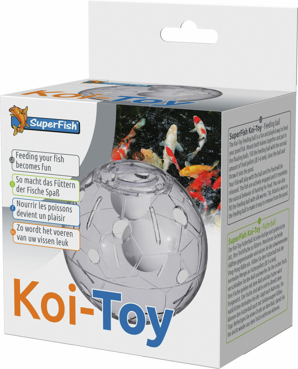 Das Bild zeigt die Verpackung des Produkts „SuperFish Koi-Toy“, einem transparenten Futterball für Koi-Fische. Der Ball ist speziell für Teichfische entwickelt und macht das Füttern spielerisch und unterhaltsam. Zielgruppe sind Koi-Besitzer. Die Verpackun