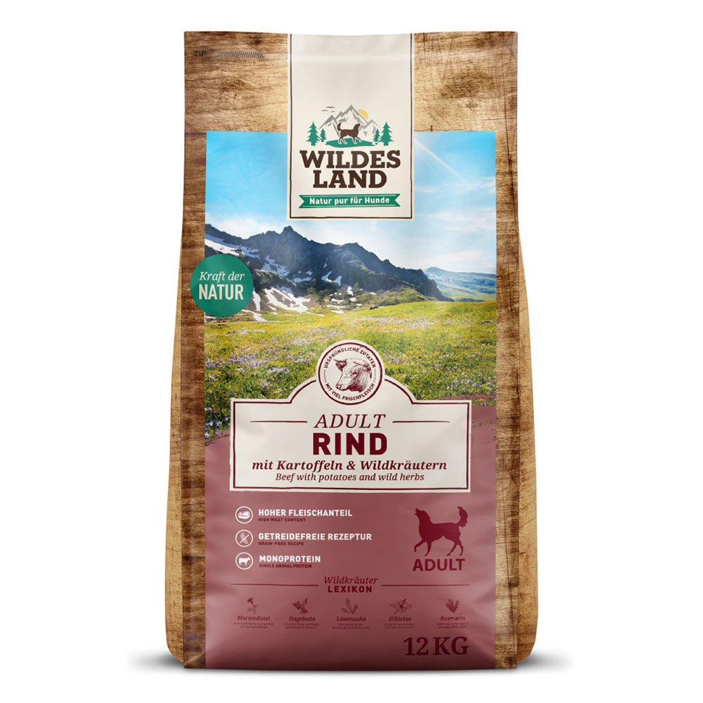 Wildes Land Hundefutter Adult, Rind+Kartoffeln+Wildkräuter, 12 kg, hoher Fleischanteil, getreidefrei, Monoprotein, mit Mariendistel.