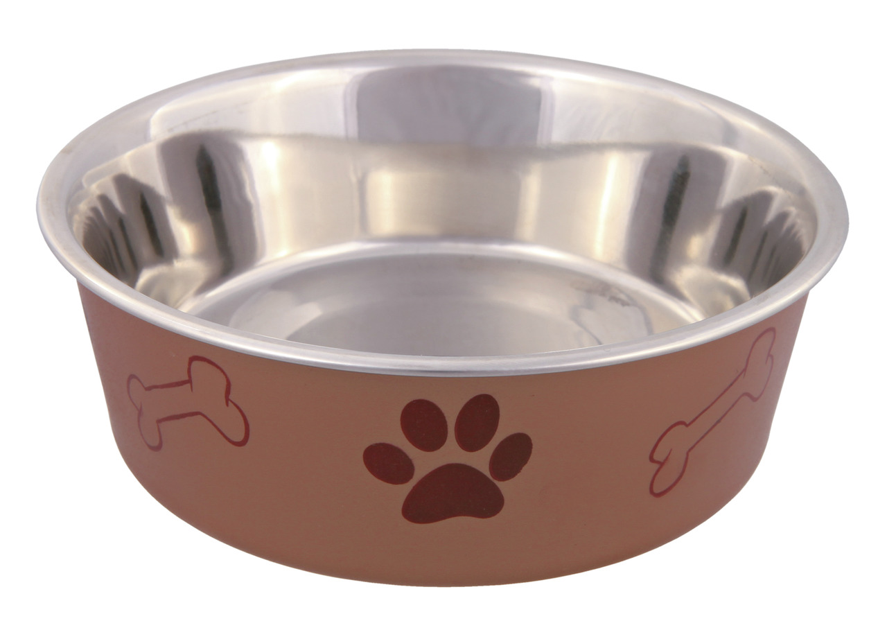 Hundenapf von TRIXIE aus rostfreiem Edelstahl mit brauner Außenseite, verziert mit roten Pfoten- und Knochenmotiven. Geeignet für Hunde, ideal für Wasser oder Futter. Robustes, langlebiges Design, leicht zu reinigen. Perfekt für den täglichen Gebrauch. EA
