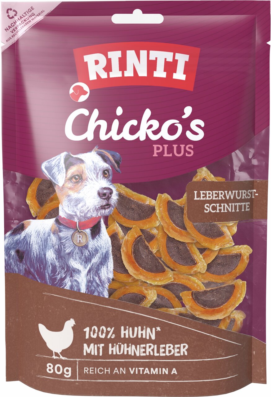 RINTI Chicko’s Plus Leberwurst-Schnitte für Hunde, 100 % Huhn & Hühnerleber, reich an Vitamin A, 80 g, nachhaltige Verpackung.