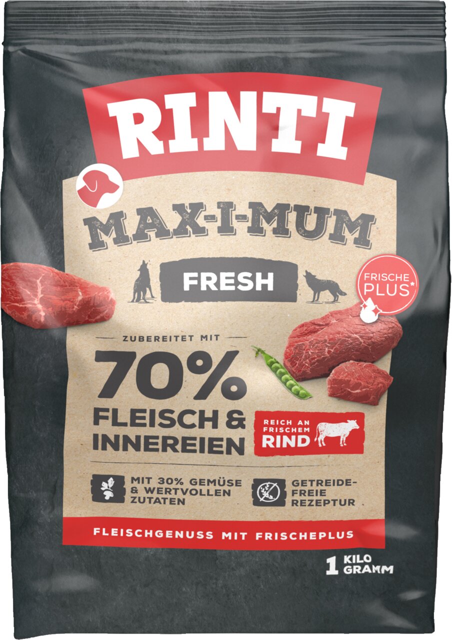 RINTI Max-i-mum Fresh für Hunde, Geschmack Rind, getreidefrei, 70 % Fleisch, 1 kg Beutel mit Frische-Versprechen.