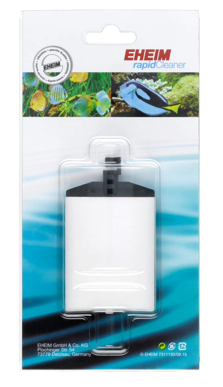 Das Bild zeigt den EHEIM rapidCleaner, ein Reinigungswerkzeug für Aquarien. Die Verpackung enthält eine weiße Reinigungsklinge mit schwarzem Griff, geeignet für die Entfernung von Algen und Schmutz. Zielgruppe sind Aquarienbesitzer. Die Marke EHEIM steht 