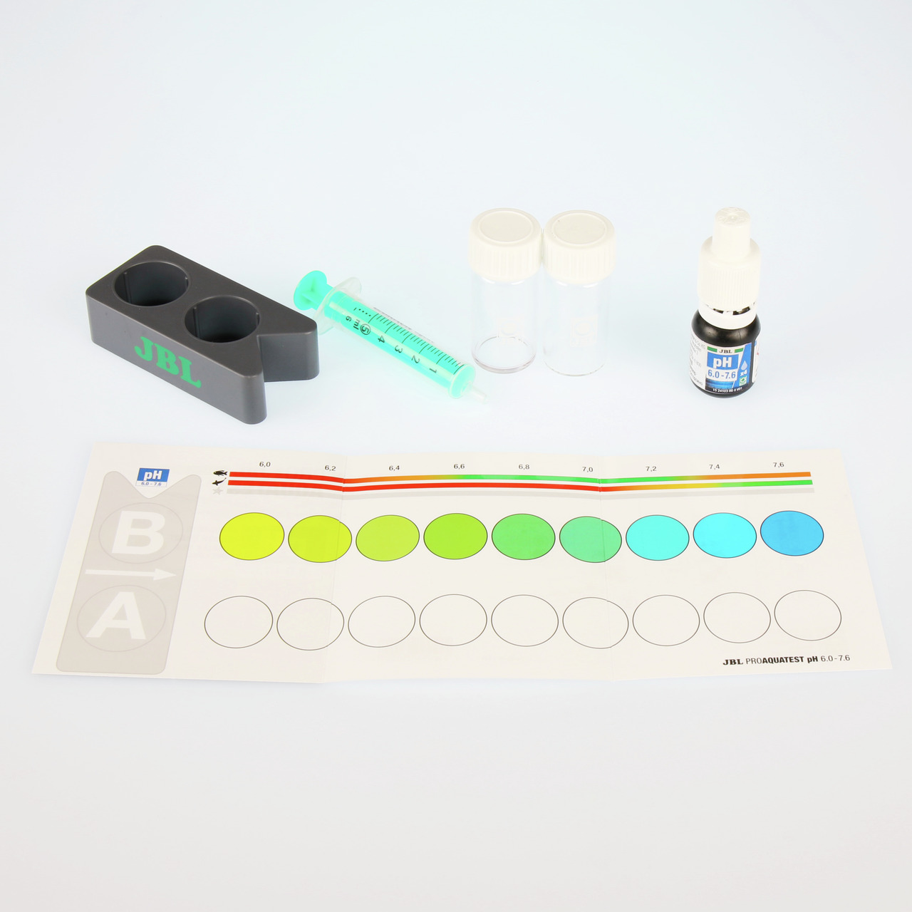 JBL ProAquaTest pH 6.0-7.6, Wassertest-Set f. Aquarienbesitzer, präzise pH-Bestimmung, inkl. Farbskala, Röhrchen, Spritze, Halterung.