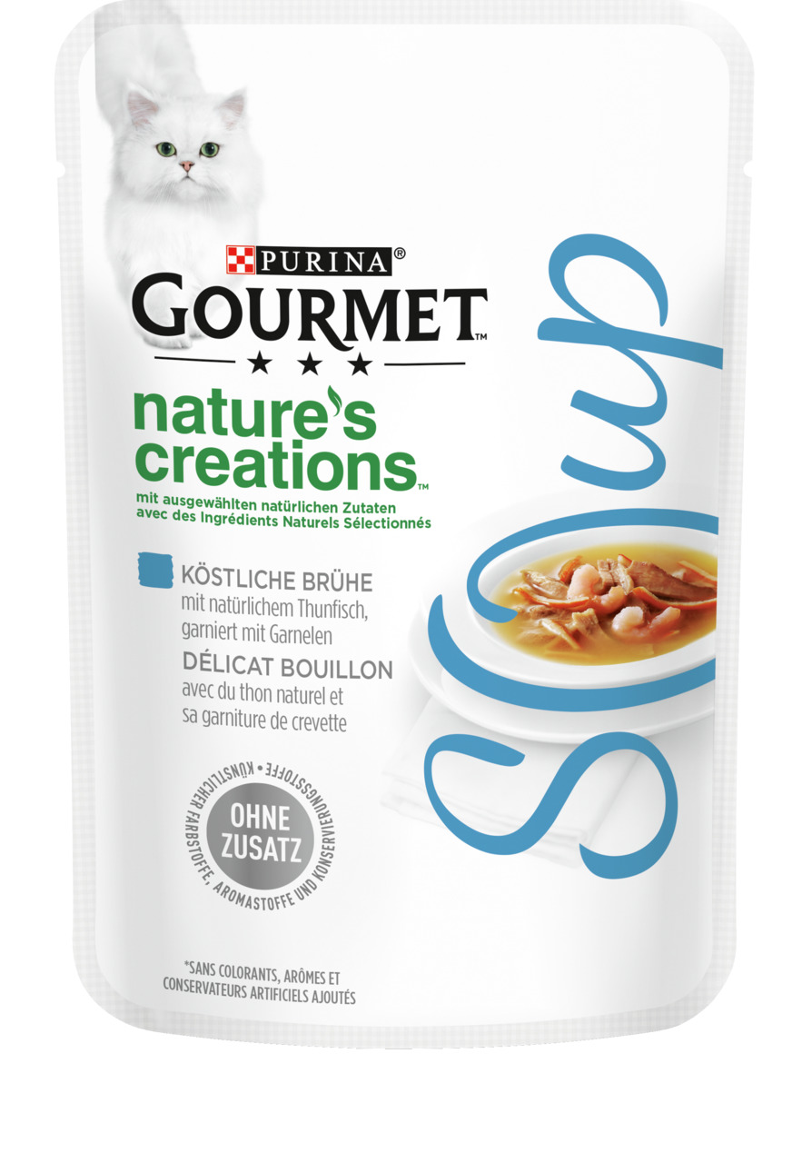 Purina GOURMET Nature's Creations für Katzen: Brühe mit Thunfisch & Garnelen, ohne künstl. Farb-, Aroma- & Konservierungsstoffe.