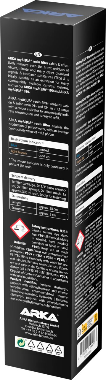 ARKA myAQUA Resin Filter für Osmoseanlagen, für Aquaristik, entfernt Silikat-Nitrat-Phosphat, 1x Filterkartusche.