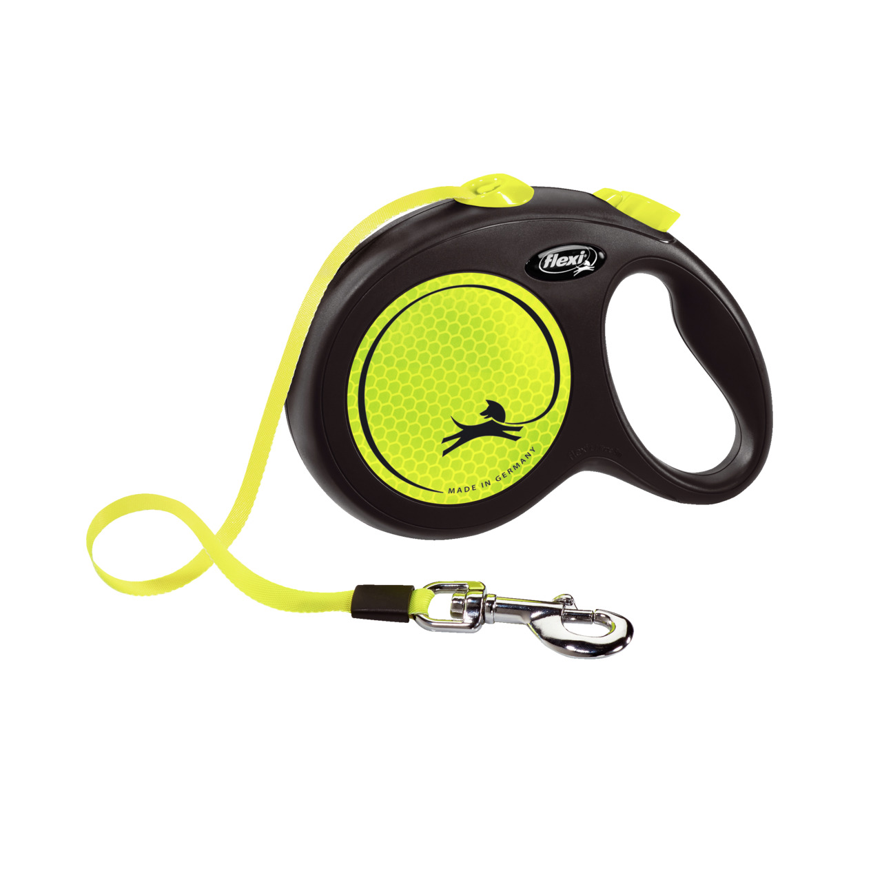 Flexi Neon Gurt-Rollleine, Hunde, kleine/mittelgroße, schwarz/neongelb, reflektierend, ergonom. Griff, stabiler Karabiner, Made in Germany.