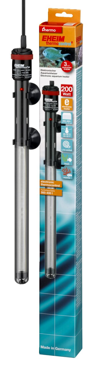 EHEIM thermocontrol Aquariumheizer, 200W, für 300-400L, präzise Temp.regelung, sicher, schwarz-rot, Saugnäpfe, Made in Germany.