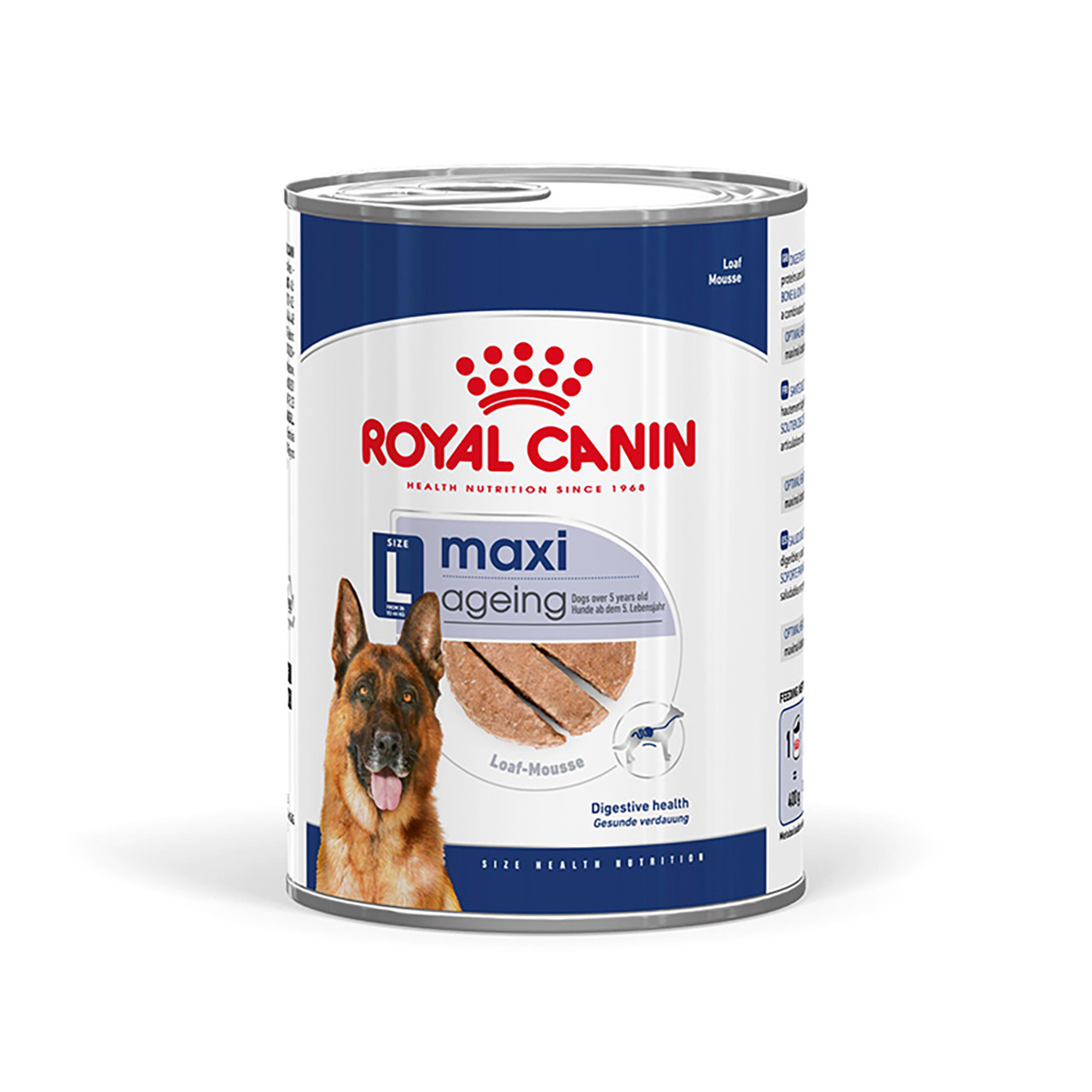 Das Bild zeigt eine Dose des Hundefutters „ROYAL CANIN Maxi Ageing 12+“ für große Hunde ab 5 Jahren. Die Geschmacksrichtung ist Mousse. Die Verpackung enthält 400 g und hebt die Unterstützung der Verdauungsgesundheit hervor. Auf der Vorderseite ist ein Sc