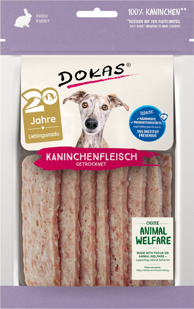Getrocknete Kaninchenfleisch-Snacks für Hunde von Dokas, 100% Kaninchen, 70g, mit Fokus auf Tierschutz, geprüft von SGS Institut Fresenius.