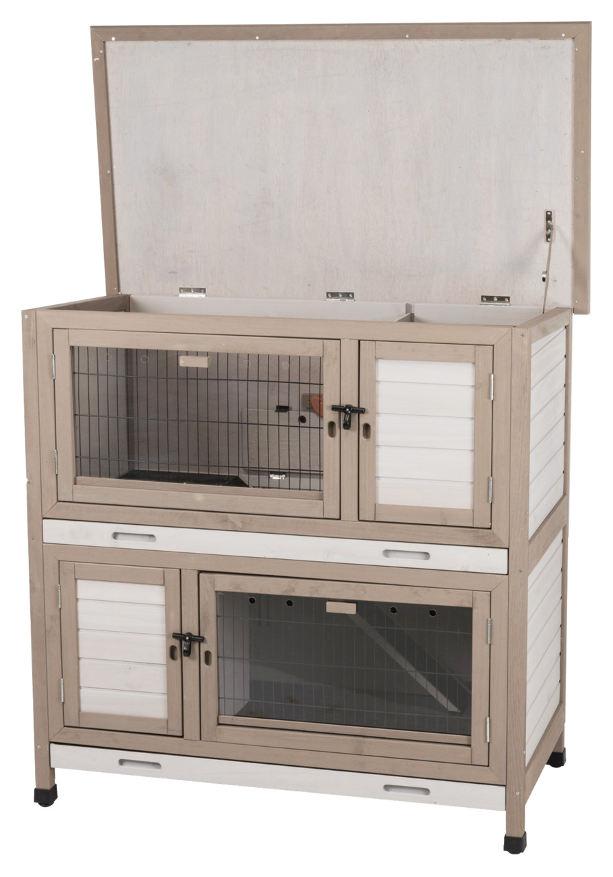 TRIXIE Kleintierstall Natura, 2-stöckig, für Kaninchen/Meerschweinchen, wetterfest, Holz, Natur/Weiß, Metallgitter, aufklappbares Dach.