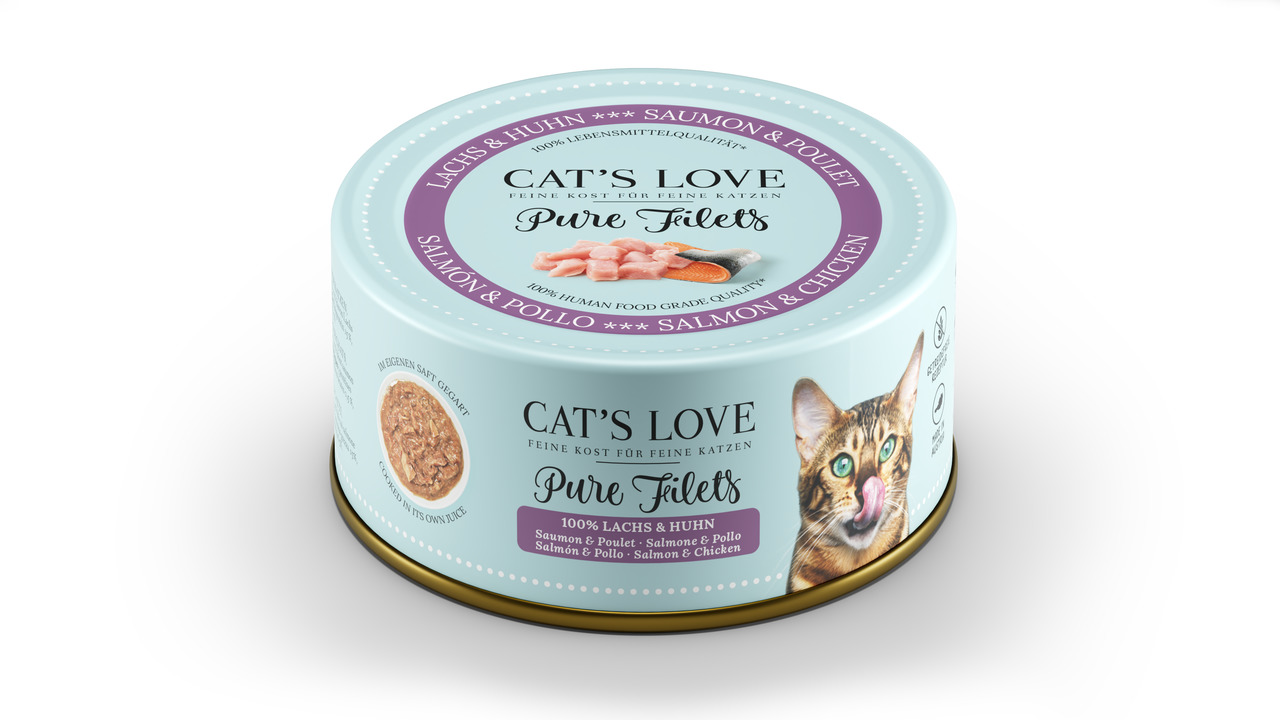 Cat’s Love Pure Filets, Katzenfutter, Lachs & Huhn, 100 % Lebensmittelqualität, 85 g, hellblaues Design mit Katze.